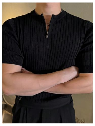 Men's 1/4 Zip Pullover Top Ribbed Short Sleeve Sweater Casual Knit Tops4