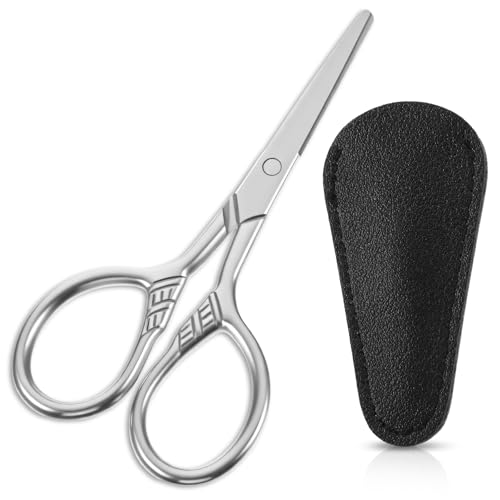 Mabor Scharf Bartschere Nasenhaar Schere Herren Edelstahl Nasenhaarschere mit PU Lederetui für Trimmen von Bart und Nasenhaaren(9 cm)