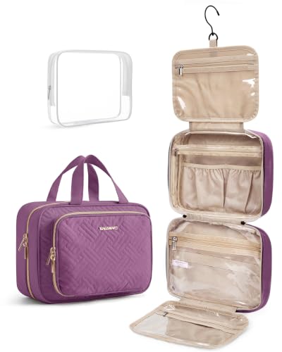 Image of BAGSMART Toiletry Bag Hanging Travel Makeup Organizer with TSA Approved Transparent Cosmetic Bag Makeup Bag for Full Sized Toiletries, Large-Purple