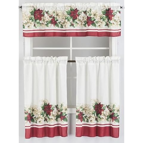 Kashi Home Holiday Kitchen Curtain Set, 3 Piece Christmas Decorative Kitchen Curtains, Ruffled Swag Valance Valance 58"x36" & Tiers 28"x 38", Holiday Window Decor - Mixed Poinsettia Cover
