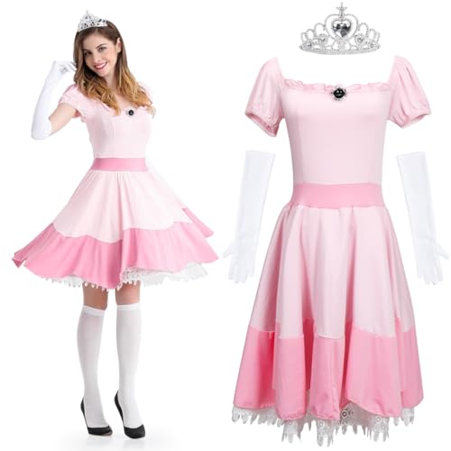 Meleager Prinzessin Kostüm Erwachsene, Rosa Prinzessin Kostüm Damen, Polyester Cosplay Abendkleid, mit Krone, Weiß Handschuhe, Weiß Socken,...