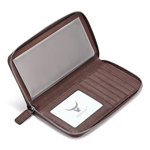 Image of HISCOW Leather Checkbook Cover, Zippered Wallet, Aniline Leather Coffee | Full grain cowhide, 5cc & ID window, personal check book & register pockets, removable duplicate divider, women secure zipper