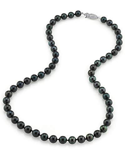The Pearl Source 14K Gold 7.0-7.5mm Round Genuine Black Japanese Akoya Saltwater Cultured Pearl Necklace in 16