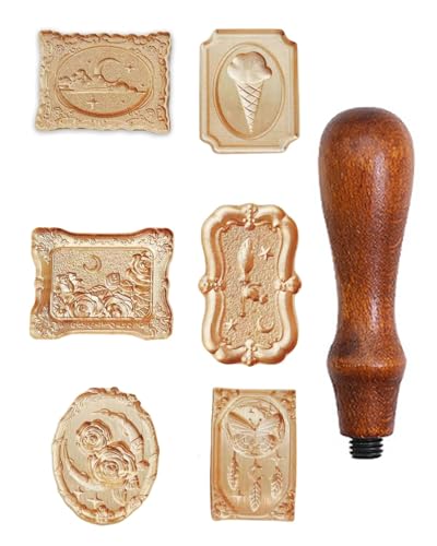 UYRVAPE 6pcs Sellos de Cera, Retro Sello de Cera Kit, Set de Sellos de Cera, Sello de Cabeza de Latón Extraíble y 1 Mango de madera, Cabezas de Sello de Lacre para Invitaciones Envoltura Tarjetas