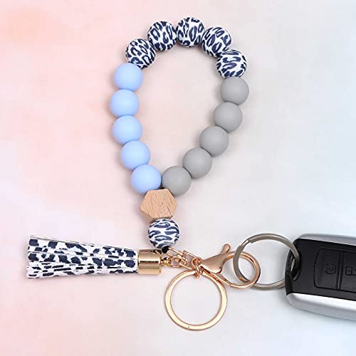 Image of BAOSIWA Silicone Key Ring Bracelet Wristlet Keychain Unique Beaded Bangle Key Chains for Women with Leather Tassel