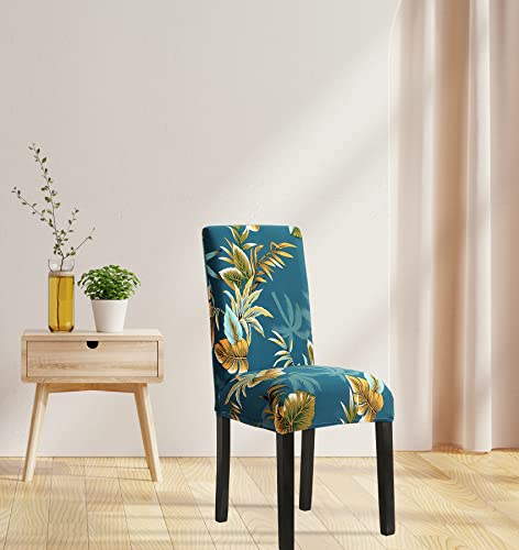 Comfy Gate 4,6,8 Pack Teal Dining Room Chair Covers, Leaves Chair Covers For Dining Room Set Of 4, 4Pc Stretchable Parson Chair Slipcovers, Elastic Dining Room Chair Covers Set Of 4,6,8, Teal Leaves #TOP1