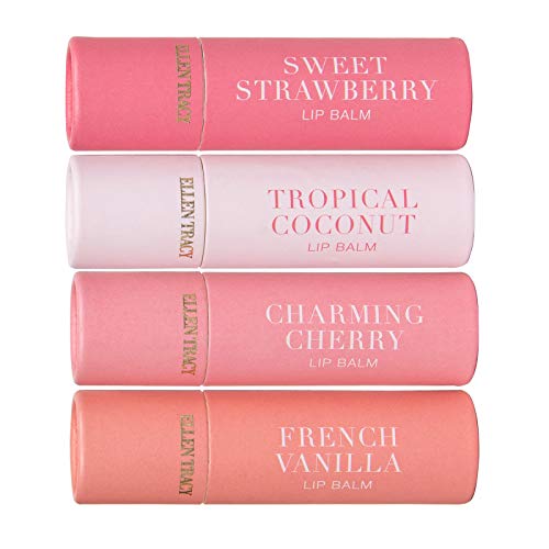 Ellen Tracy 4 Pack Lip Balm Set- Moisturizing Lip Balm in Sweet Strawberry, French Vanilla, Tropical Coconut, and Charming Cherry