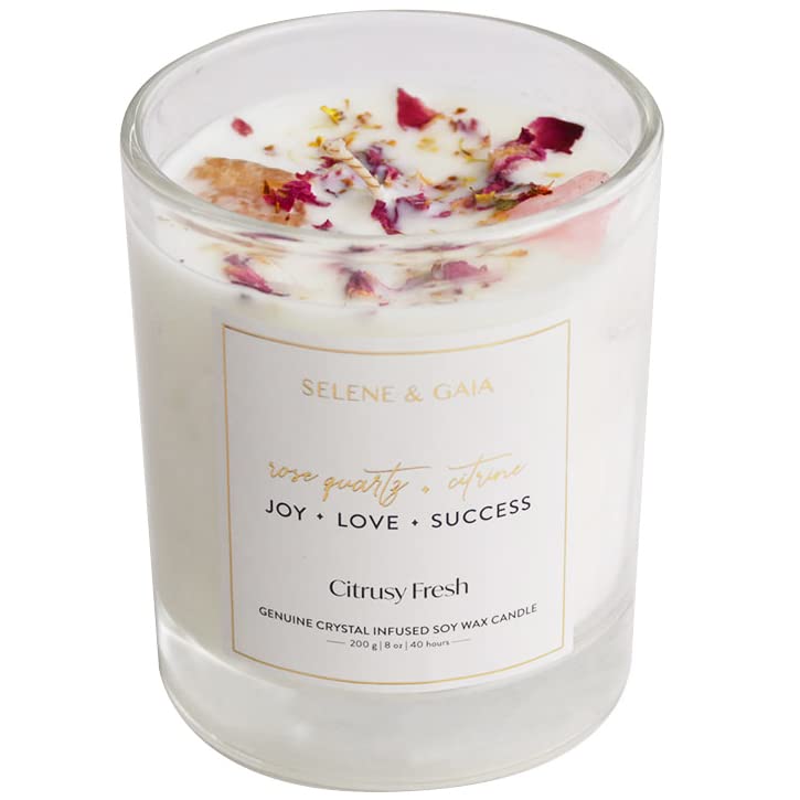 Crystal Candle with Natural Crystals On Top, Rose Quartz and Citrine Gemstone Infused Manifestation Candles Spiritiual Gifts for Women Girlfriend (Joy • Love • Success)