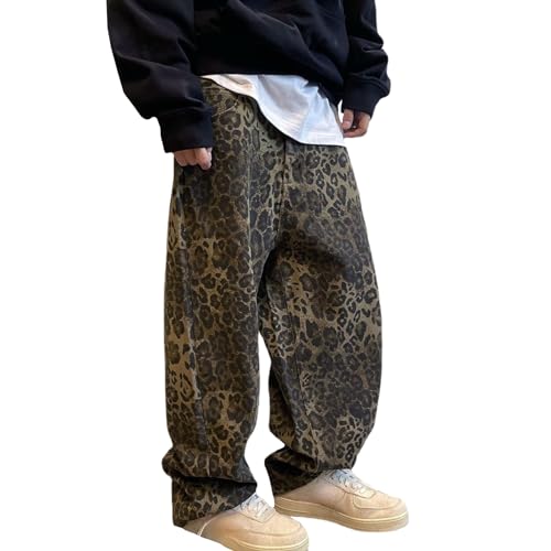 Jean droit large imprimé léopard Y2k Vêtements Mcbling Grunge Pantalon avec poches, A-marron foncé pour homme, 34-37