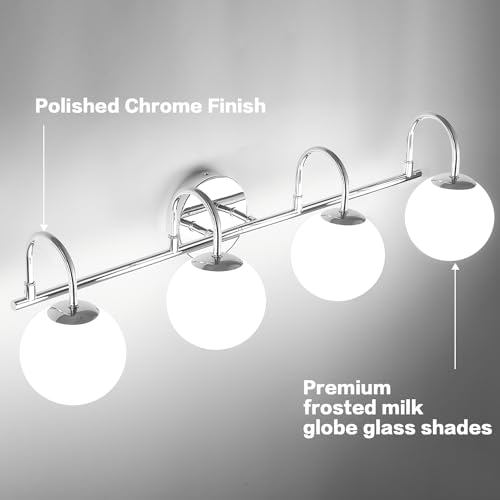 Image of Chrome Mid Century Modern 4-Light Bathroom Light Fixtures Over Mirror, Vanity Wall Sconces With Globe Frosted Milk Glass