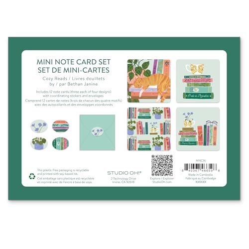 Image of Studio Oh! Cozy Reads Blank Note Card Set with Envelopes and Stickers 12 Pack Assorted Greeting Cards, 260 GSM Textured Paper Stationery for Thank You Cards, Birthday Cards, Gift Card Envelopes