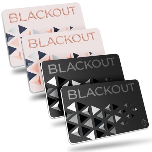 AKIELO Blackout Tarjeta Bloqueadora RFID – Tarjeta Antirrobo Ultrafina con Tecnología Faraday para Protección de Tarjetas Contactless – Blindaje para Carteras (Edición Negra y Blush – 4 Unidades)
