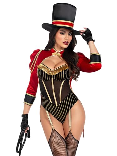 Leg Avenue Womens 2 PC Ravishing Ringmaster includes gold trimmed garter teddy with snap crotch and attached velvet tail coat and top hat SMALL Multicolor