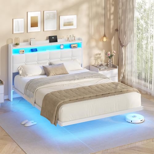 AOGLLATI Cama de matrimonio de 140 x 190 cm con efecto visual levitante, estructura de cama con LED y estación de carga, cama con cabecero acolchado y estructura de metal, sin colchón, color blanco