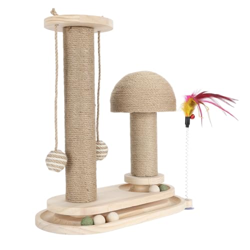 Cat Scratching Post Interactive Tall Kitten Scratcher with Teasing Wand for Indoor Cats (Oval Mushroom Turntable)