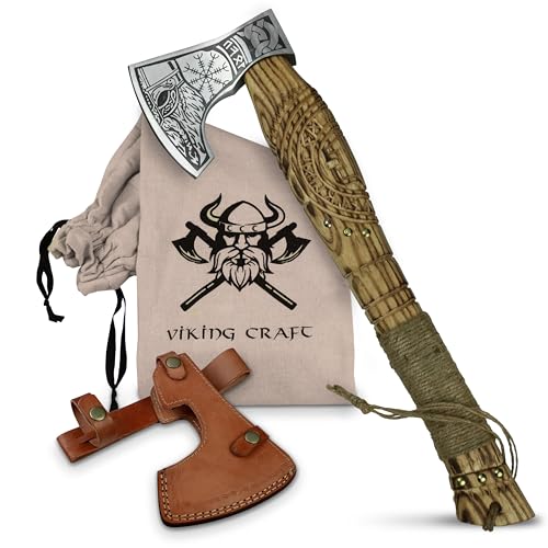 VIKING CRAFT Wikinger Axt 50cm - Handgefertigte mit Gravur und Lederschutz - Ideale Wikinger-Deko Mittelalter, Wikinger-Axt scharf echt, Vikings-Geschenke für Männer, Vikings Fanartikel, LARP Beil