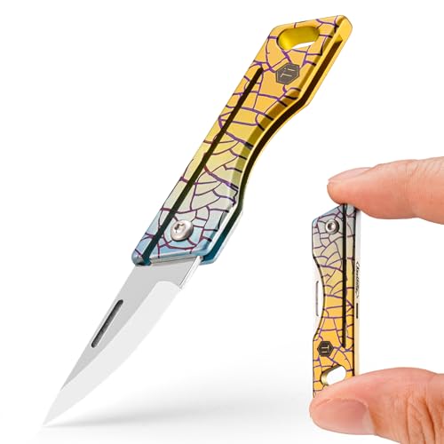 KeyUnity KK06 Navaja de bolsillo de titanio, minicuchillo EDC pequeño, cuchillo plegable muy afilado, llavero EDC ligero para acampar y supervivencia al aire libre (TI24P)