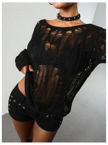Image of RoseSeek Women's Plus Size Y2K Cut Out Long Sleeve Punk Grunge Knit Sweater