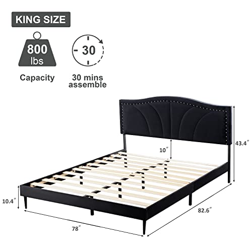 AsKmore-King-Size-Bed-Frame-Velvet-Upholstered-Platform-Bed-with-Decorative-Line-Nailhead-Trim-Headboard-with-Wood-Slat-SupportNo-Box-Spring-NeededEasy-Assembly-Black