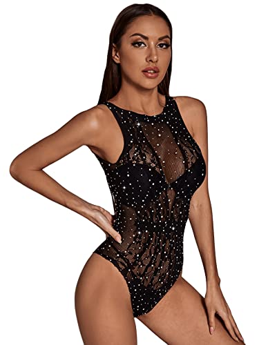 GORGLITTER Damen Sexy Mesh Sheer Bodysuit Mit Strass - Glitzer Netz Teddy...