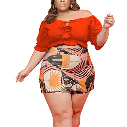 Image of Women Plus Size Skirt Two Piece Outfit Short Sleeve Off The Shoulder Crop Top shorts Dress Suit Set