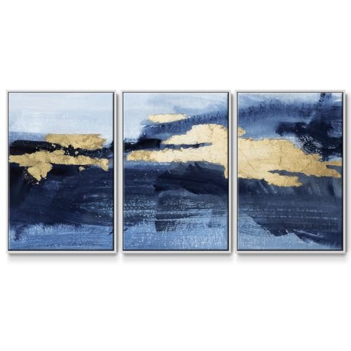 Renditions Gallery Abstract Wall Art Gilded Indigo Gold Sea Painting Modern Seascape Artwork Canvas Prints Wall Decoration for Bedroom and Bathroom-White Floater Frame-26”x40”x3 Panels, LS015