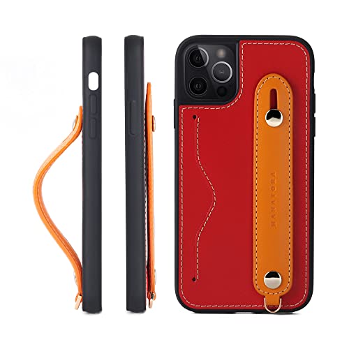 iPhone 14 Pro ケース 本革 グリップケース レザー ストラップ付属 イタリア製牛革 ヌメ革 片手操作 カード収納 スタンド機能 メンズ レディース レッド/オレンジ CGH-14Pro-Red-OG