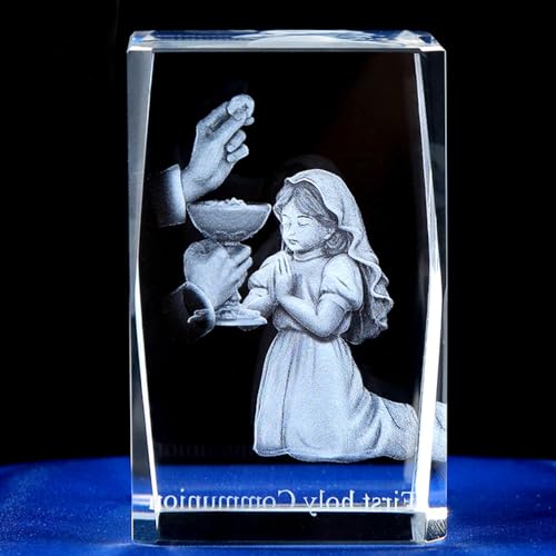 Duosuny 3D Laser Crystal First Communion Gifts for Girls, 3D Engraving Crystal Praying Girl Figurine First 1st Communion Veil Decoration, Baptism Gifts for Girls Catholic3