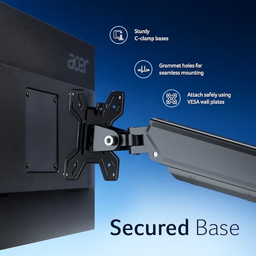 Image of Acer FlexArm Pro Monitor Arm Gas Spring Desk Mount for 13-32 Inch Monitors with 10kg Load Capacity, 360 Rotation, Tilt Swivel Adjust, VESA 75x75 & 100x100, C-Clamp Grommet Mount, Aluminium Build