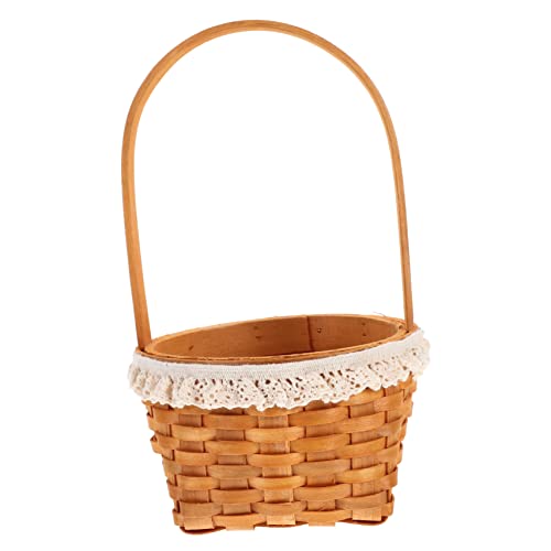 OKUMEYR Wooden Mini Flower Basket Boho Outdoor Decor Mini Picnic Basket Wooden Fruit Basket Rattan Woven Basket Flower Storage Basket Small Flower Girl Basket Woven Baskets for Storage Key