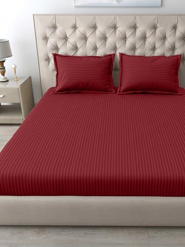 Image of Mafatlal Italian Strip Bedsheets with 2 Pillow Covers for King Size Bed | 210 TC Pure Cotton Flat Sheet Maroon | 108 x 108 Inches | Everyday Comfort & Style