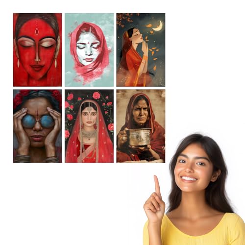 Image of SiddArtify Red and Teal Indian Women Art Print Set - 300GSM Board - 12x18 Inch - Pack of 6 Wall Room Decoration art Poster Prints