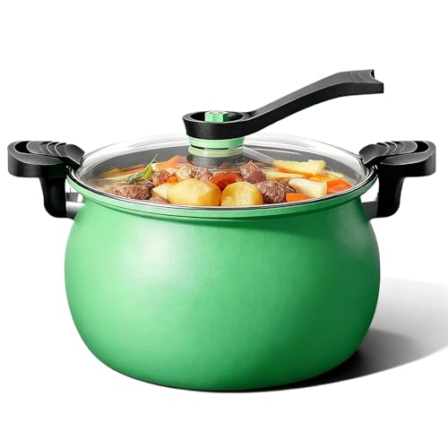 Image of Multifunctional Large Capacity Non-Stick Pressure Cooker, 8 Qt Micro Pressure Cooker Visible Transparent Glass Cover, Anti-Scalding Handle Fast Cooking Pot for All Stovetops (Green)