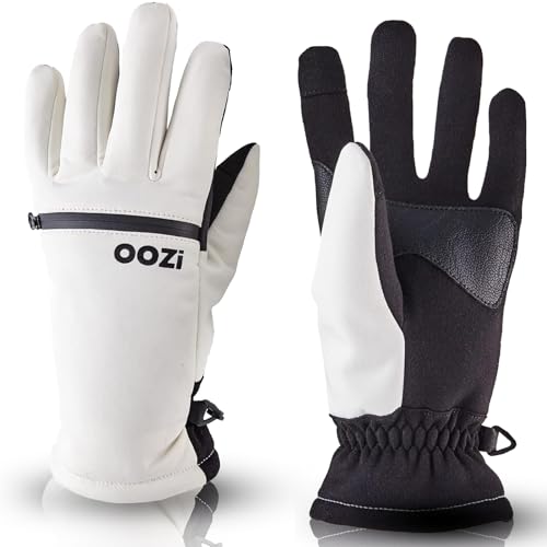 OOZi Winterhandschuhe mit Reißverschlusstasche für Herren und Damen sind Winddicht und mittelschwer ideal zum Skifahren Snowboarden Wandern Laufen und Radsport (Weiß S)