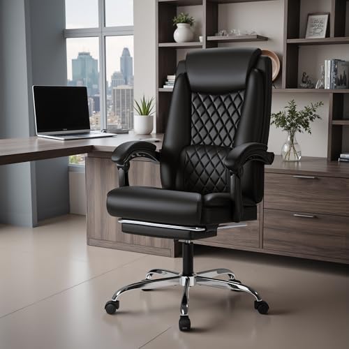 Image of Furmax Office Chair with Footrest Ergonomic High Back Design Executive Computer Desk Chair400lbs, 90-135 Reclining Leather Home Office Desk Chairs Swivel Task Chairs with Wheels(Black)