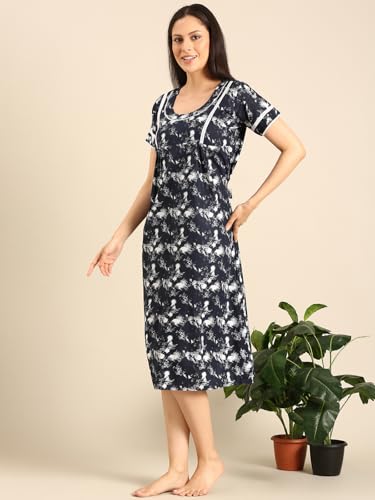 Image of Rupa Jon Aishwarya Women Short Printed Nighty in Premium Cotton Blend Fabric, Midi Length, Night Dress, Three-Fourth Length for Comfortable Everyday Wear