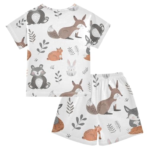 ALAZA Deer Fox Rabbit White Pajamas Short Sleeve 2 Piece Sleepwear Top and Bottom Pajama Set Unisex2