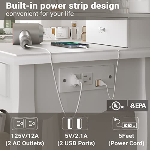 Tiptiper White Makeup Vanity with Lights & Charging Station, Vanity Desk with Mirror and 3 Colors of Lighting Effects, Vanity Table with Tri-Fold Mirror & Necklace Hooks, Makeup Table with Stool