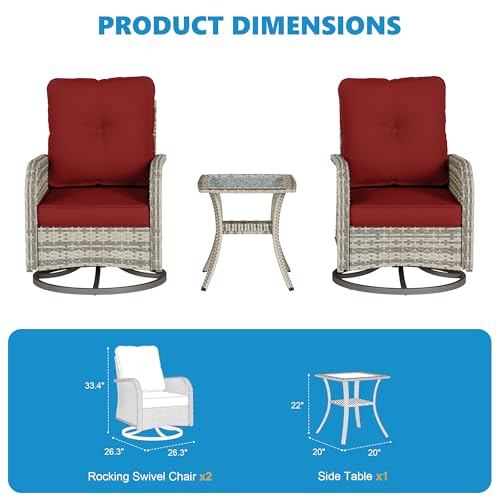 Image of 3-Piece Small Patio Furniture Set, Outdoor Swivel Rocking Chairs Set with Wicker Chairs and Tempered Glass Side Table, Outdoor Furniture Patio Bistro Set for Balcony, Deck, Porch