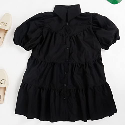Image of WOKANSE Women's Cute Babydoll Dresses Casual Loose Puff Sleeves Ruffle Hem Button Down Pleated Shirt Dress