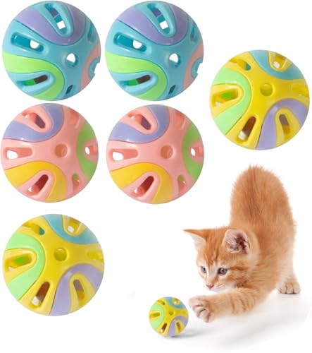 ANJOBIBI Colorful 1.9" Cat Toy Balls with Bell 6PCS, Interactive Hollow Design, Plastic, Training Exercise Toy(3 in 1 Color B)