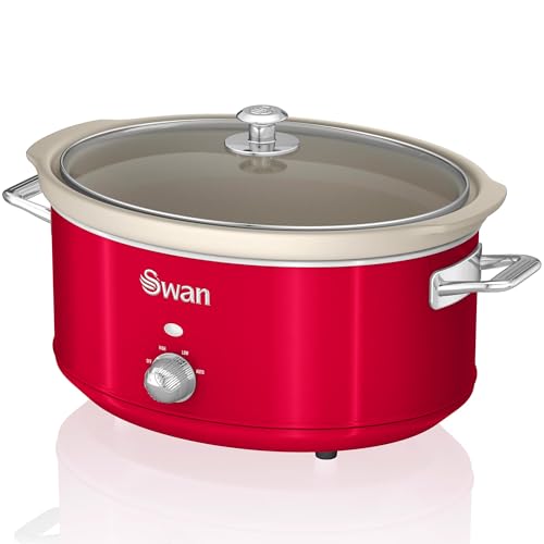 Swan Retro SF17031RNEU Olla Cocción Lenta 6,5L Recipiente Extraíble Antiadherente Cerámica libre PFOA y PTFE 3 Niveles Temperatura Tapa Vidrio Slow Cooker Diseño Vintage Rojo 320W