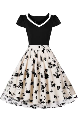 AXOE Damen Rockabilly Kleider Festliche Rock n Roll Tüllkleid A Linie Cocktailkleid Hochzeitsgast Beige Schwarz Geblümtes F01, Gr.44, XXL