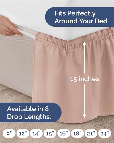 Image of Wrap Around Dust Ruffle Bed Skirt, Queen Size Beds - 15 Inch Drop, Mauve | Easy Fit Elastic Strap, Adjustable Pleated Bedskirt w /Brushed Fabric, Wrinkle & Fade Free, for Women, Men, Kids & Teens