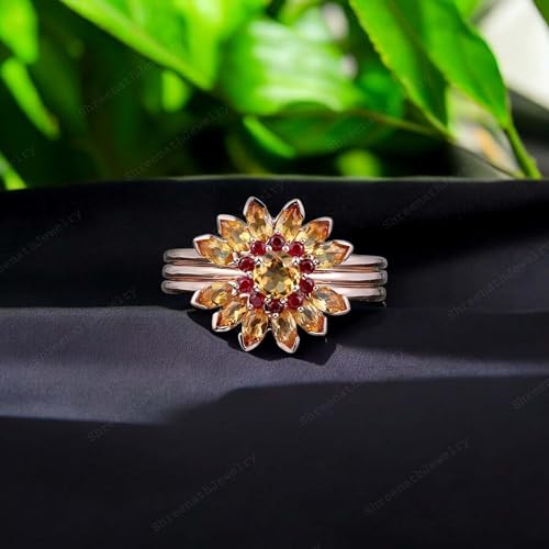 Vintage Multi Gemstone Wedding Ring Set 18k Solid Gold Ring Set Citrine Ruby Floral 3 pcs Ring Set Art Deco Bridal Jewelry Family Birthstone Ring Set Gift for Wife2