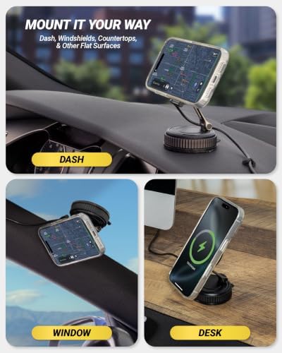 Scosche MagicMount Charge 4-in-1 Go Anywhere MagSafe Car Mount Charger, 15W Qi2 Wireless Charging Magnetic Phone Holder for Dashboard & Windshield, Compatible with iPhone 17/16/15 & Qi2 Devices - 3