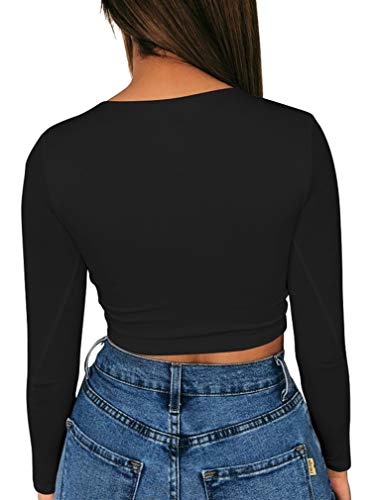 XXTAXN Women's Sexy Bodycon Basic V Neck Long Sleeve Slim Solid Color Crop Top Black