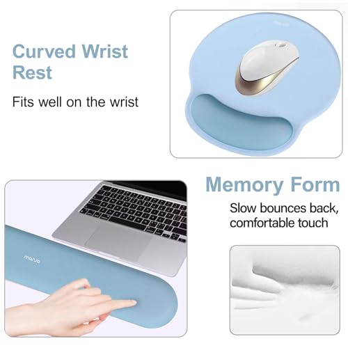 Image of MOSISO Wrist Rest Support for Mouse Pad&Keyboard Set, Circle Curved Ergonomic Mousepad&Coaster Non-Slip Base Home /Office Pain Relief&Easy Typing Pad with Soft Cloth&Raised Memory Foam, Air Blue