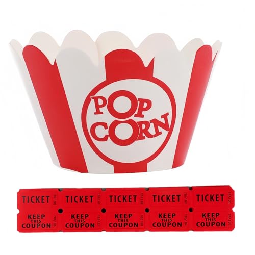 50 Pcs Popcorn Cupcake Wrappers & Popcorn Cupcake Liners + 200 Movie Tickets – Red and White Striped Baking Cups for Movie Night, Carnival, and Circus Party – Fun Party Decoration & Dessert Supplies