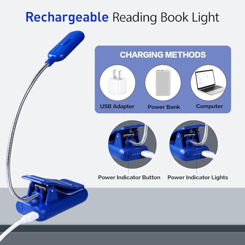 VAVOFO Rechargeable Book Light for Reading in Bed Kids, 7 LED Reading Light with 9-Level Warm Cool White Daylight, Eye Care Lamp with Power Indicator for Bookworms (Royal Blue) - Image 5